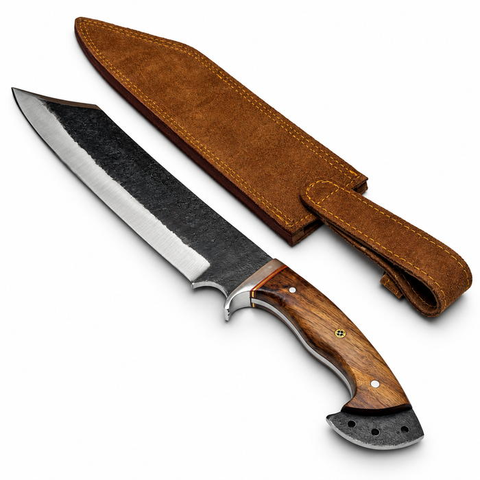 18" Blacksmith’s Bowie Knife – 12" Forged Carbon Steel Blade, Wood Handle & Leather Sheath