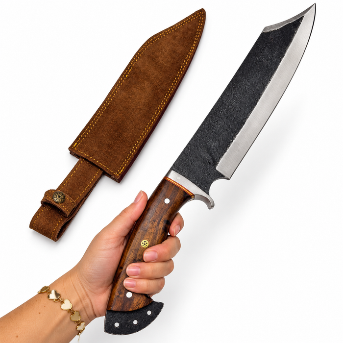 18" Blacksmith’s Bowie Knife – 12" Forged Carbon Steel Blade, Wood Handle & Leather Sheath