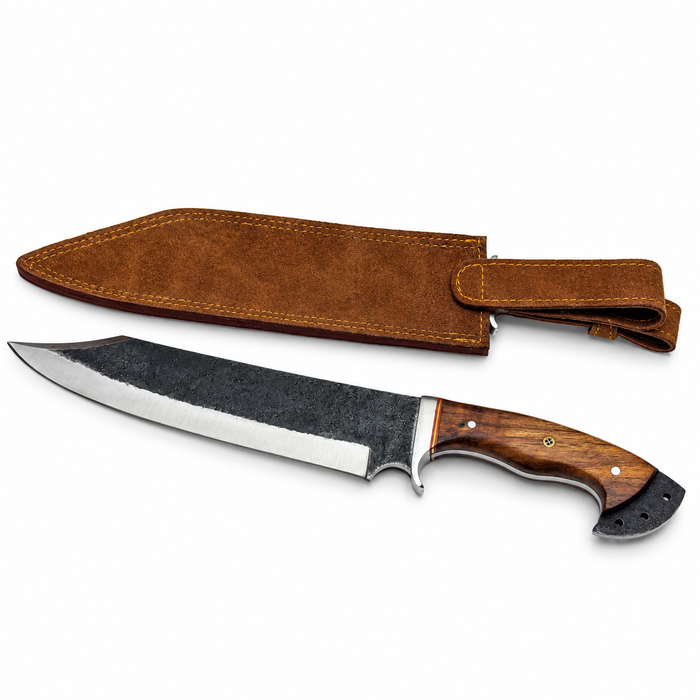 18" Blacksmith’s Bowie Knife – 12" Forged Carbon Steel Blade, Wood Handle & Leather Sheath