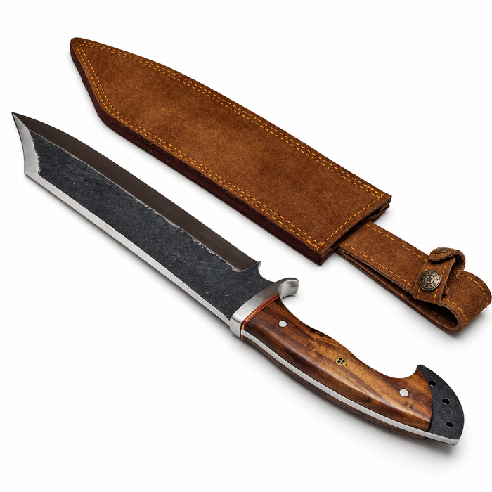 18" Blacksmith’s Bowie Knife – 12" Forged Carbon Steel Blade, Wood Handle & Leather Sheath