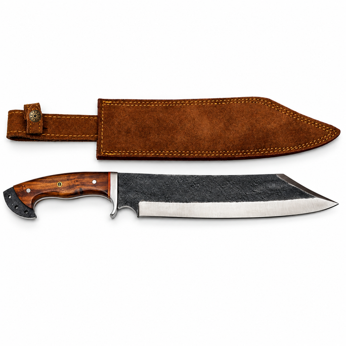 18" Blacksmith’s Bowie Knife – 12" Forged Carbon Steel Blade, Wood Handle & Leather Sheath
