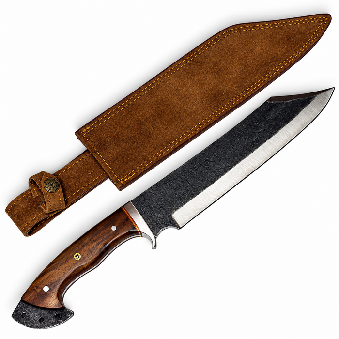 18" Blacksmith’s Bowie Knife – 12" Forged Carbon Steel Blade, Wood Handle & Leather Sheath