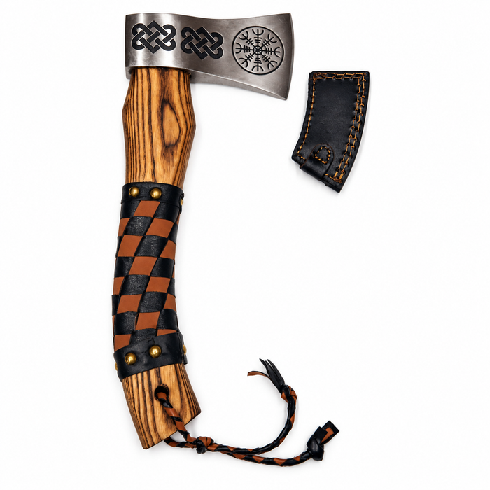 12.5" Viking Throwing Axe – Etched Stainless Steel Head, Burnt Ashwood Handle & Leather Sheath