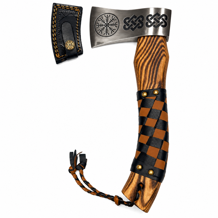 12.5" Viking Throwing Axe – Etched Stainless Steel Head, Burnt Ashwood Handle & Leather Sheath