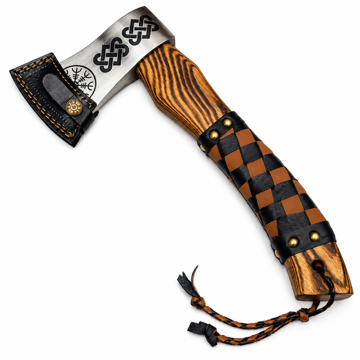 12.5" Viking Throwing Axe – Etched Stainless Steel Head, Burnt Ashwood Handle & Leather Sheath