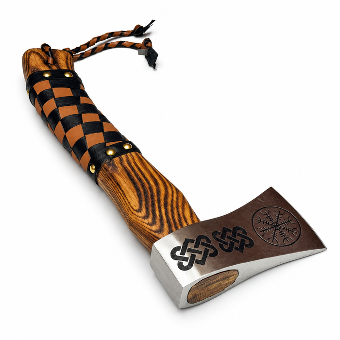 12.5" Viking Throwing Axe – Etched Stainless Steel Head, Burnt Ashwood Handle & Leather Sheath