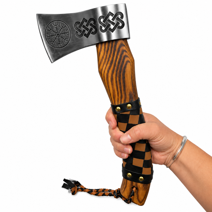 12.5" Viking Throwing Axe – Etched Stainless Steel Head, Burnt Ashwood Handle & Leather Sheath