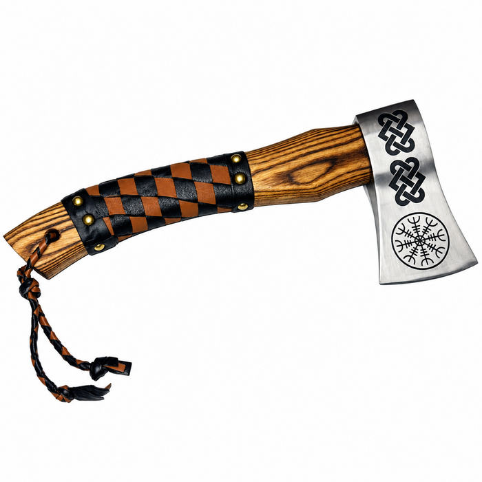 12.5" Viking Throwing Axe – Etched Stainless Steel Head, Burnt Ashwood Handle & Leather Sheath