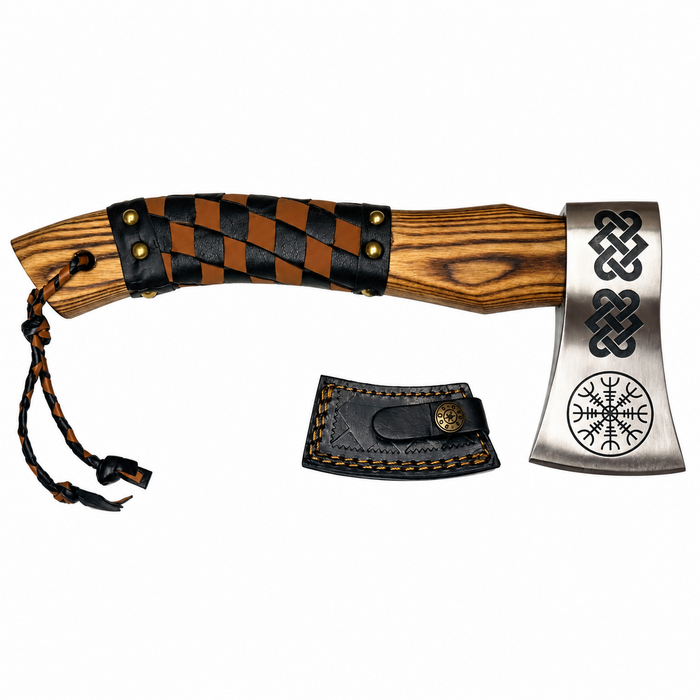 12.5" Viking Throwing Axe – Etched Stainless Steel Head, Burnt Ashwood Handle & Leather Sheath