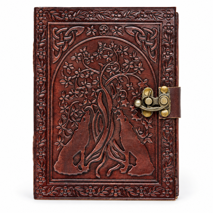 Embossed Leather Journal with Antique Brass Clasp – Tree & Wolf Design with Artisan Paper