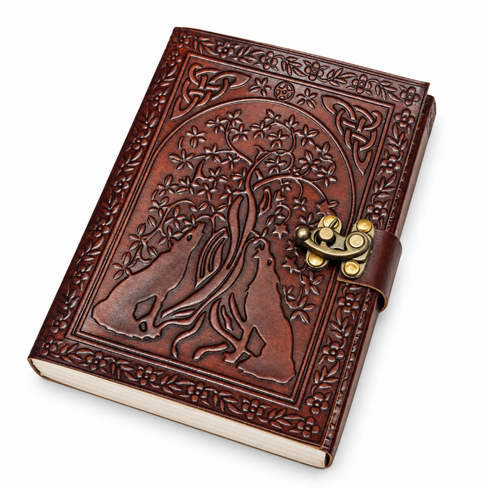 Embossed Leather Journal with Antique Brass Clasp – Tree & Wolf Design with Artisan Paper