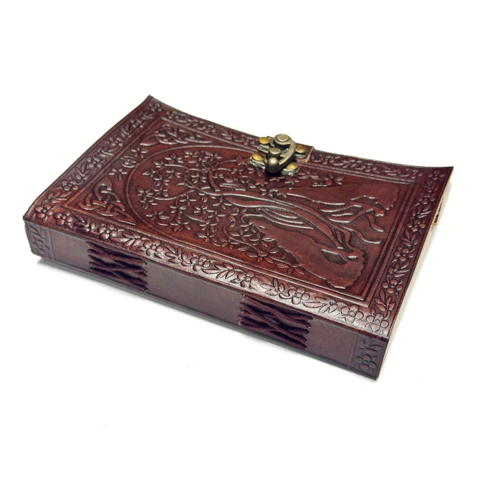 Embossed Leather Journal with Antique Brass Clasp – Tree & Wolf Design with Artisan Paper