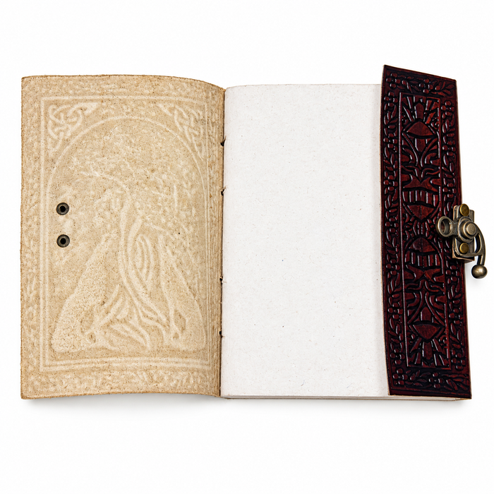 Embossed Leather Journal with Antique Brass Clasp – Tree & Wolf Design with Artisan Paper