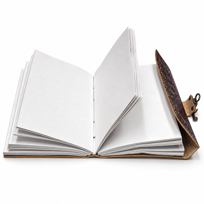 Embossed Leather Journal with Antique Brass Clasp – Tree & Wolf Design with Artisan Paper