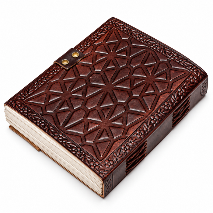 Embossed Leather Journal with Antique Brass Clasp – Tree & Wolf Design with Artisan Paper
