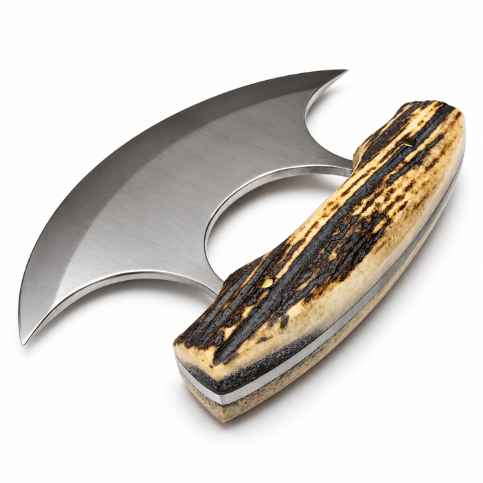 5.5" Alaskan Stag Ulu Knife - Full Tang Stainless Steel Blade with Leather Sheath