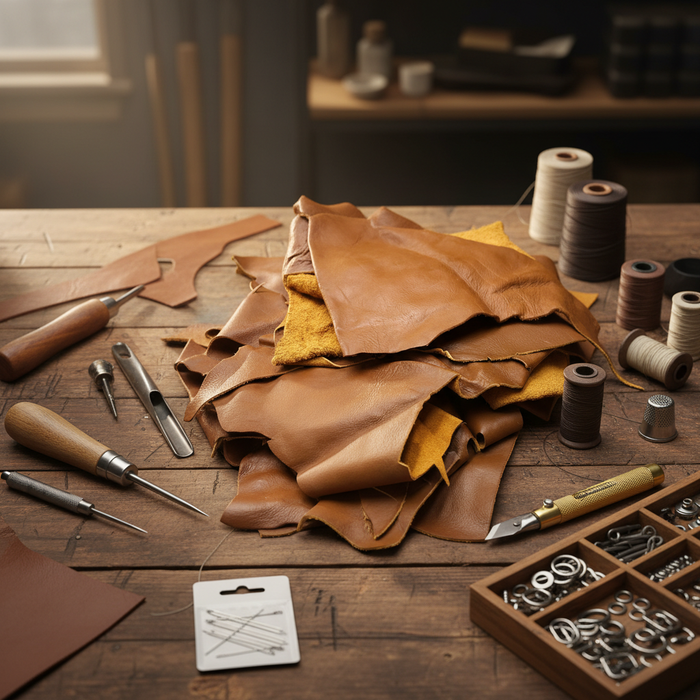 Saddle Brown Leather Pieces - 5 lb Bundle - 3 to 4 oz Cowhide Leather Scraps