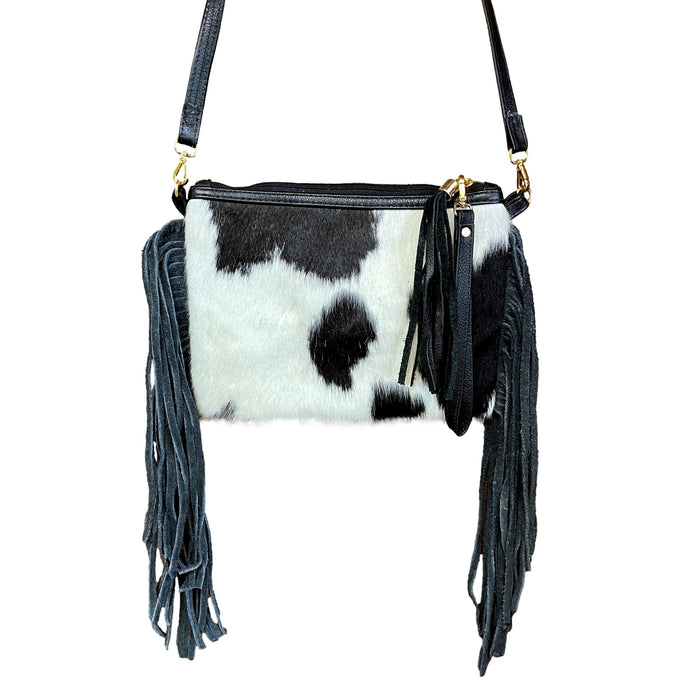 Hair-On Cowhide Clutch with Fringe and Removable Straps