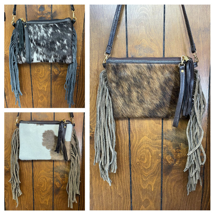 Hair-On Cowhide Clutch with Fringe and Removable Straps