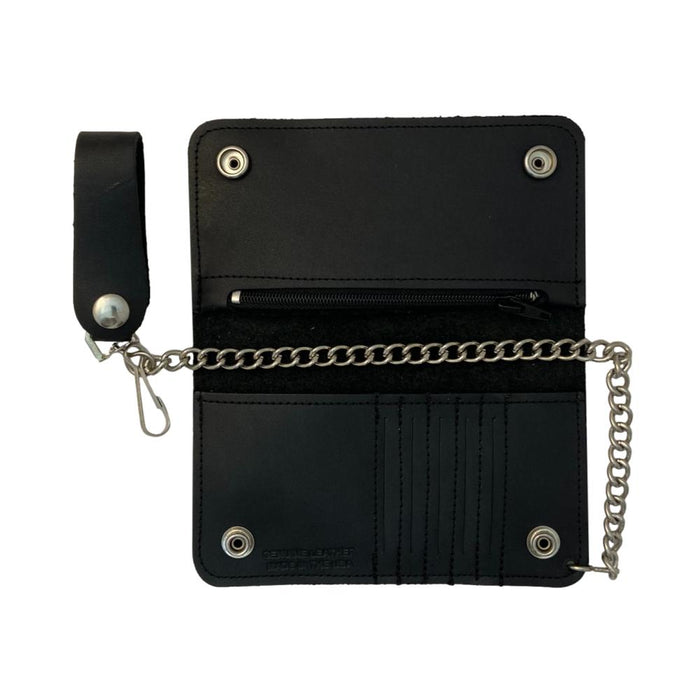 Heavy Duty Black Leather Trucker Wallet with Snaps, Zippers, Credit Card Holders and Chain