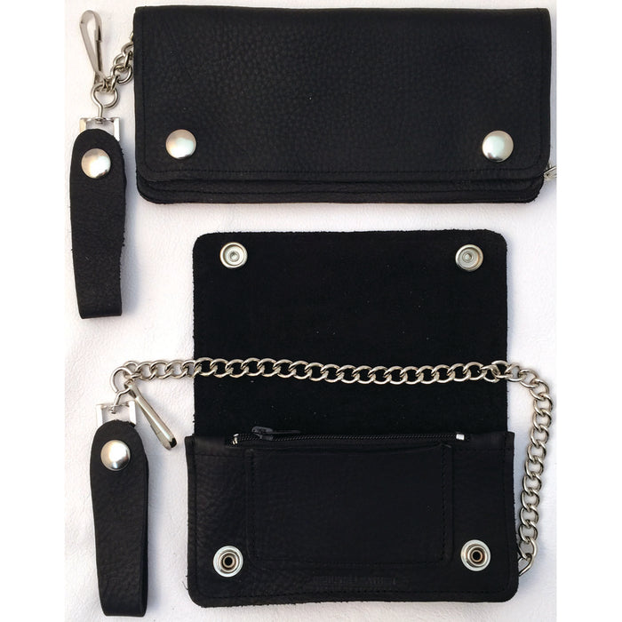 Soft Black Leather Trucker Wallet with Zipper and Snap Closure