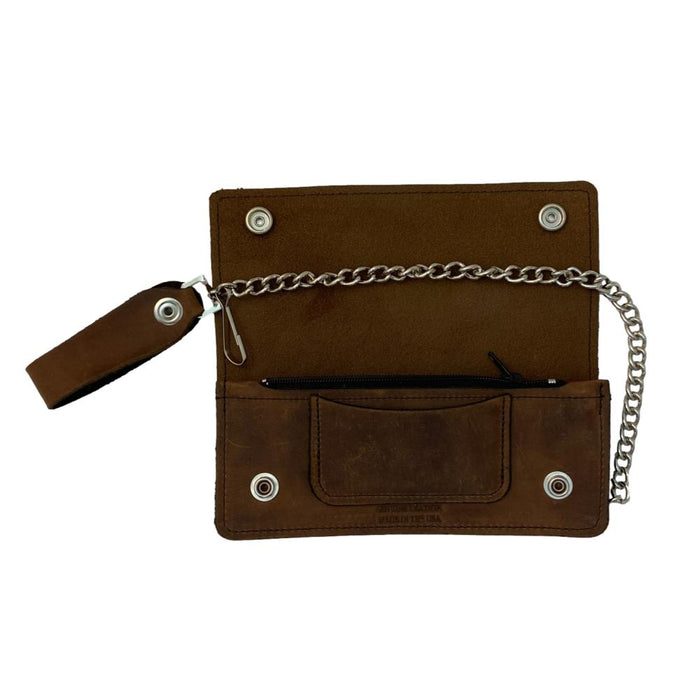 Brown Leather Trucker Wallet with Zipper and Snap Closure