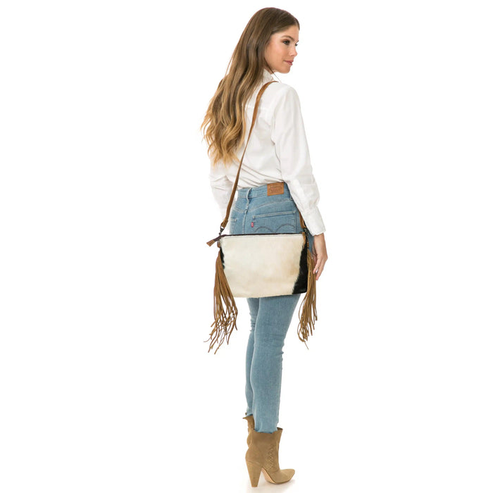 Hair On Crossbody Leather Purse with Fringe Accent