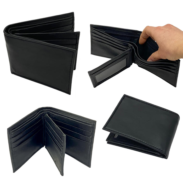 Bifold Flap Black Leather Security Wallet with Card Holders, ID Slot, and Money Pockets