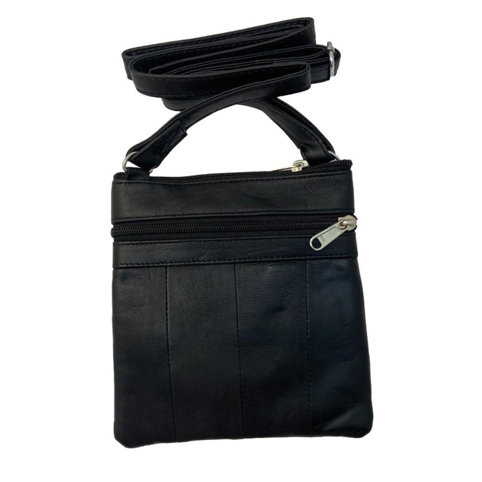 Leather Cross Body Bag Four Zipper Small Travel Purse - Black