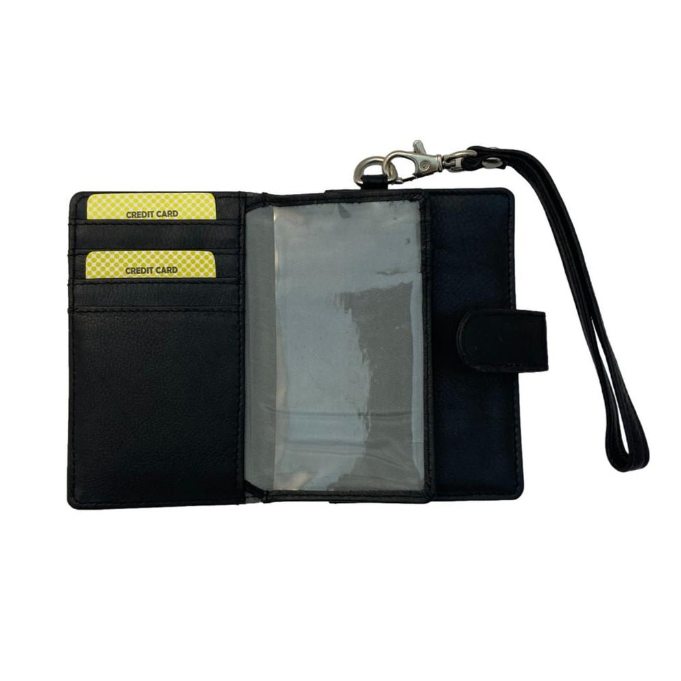 Fine Leather Clutch Wallet with Wrist Strap, Zipper Closures & Credit