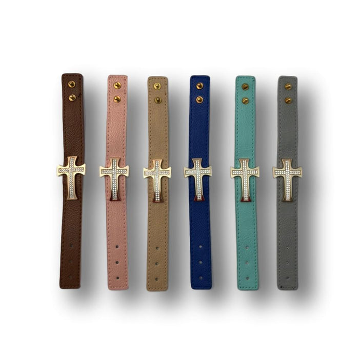 Leather Bracelets With Cross Accent - Brown - Blue - Gray - Pink - Tan - Teal - Assorted 6 Pack