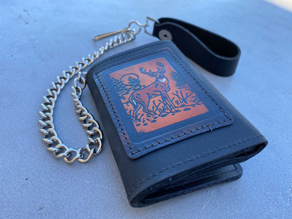 Embossed Black Leather Trifold Men's Wallet with Chain - Eagle - Deer - Skull