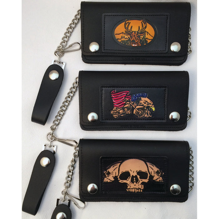 Small Embossed Leather Trucker Wallets with Chain - Deer - Eagle