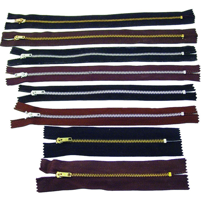Metal Zippers - Black - Brown - 5 5/8", 9 1/4", 10" - 12 Pack - 100 Pack