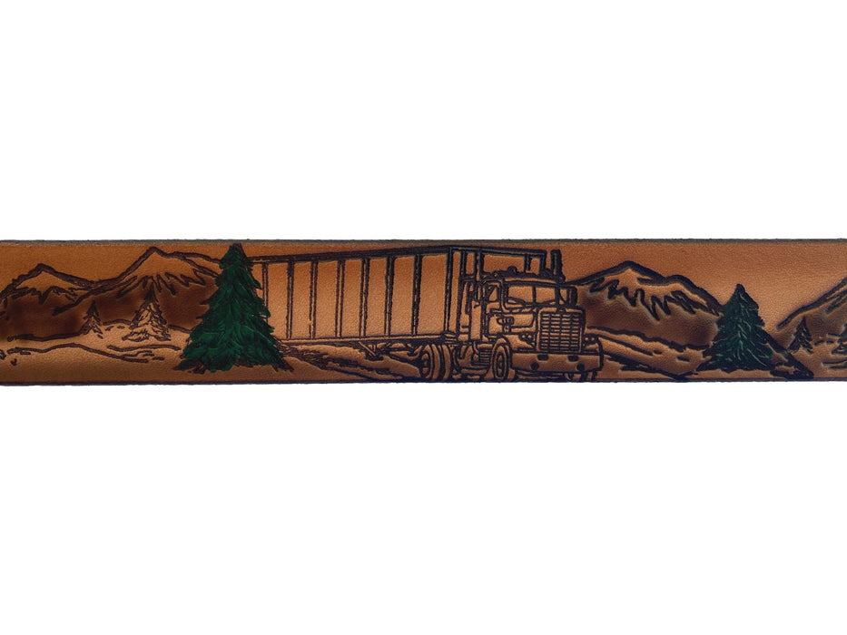 Truck Themed Deeply Embossed Dyed Leather Belt - 42" to 54"