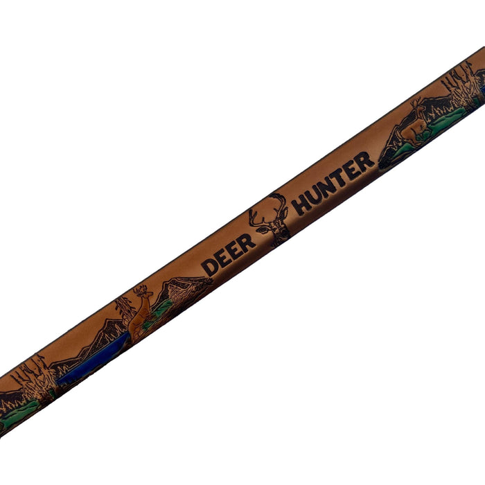 Deer Hunter Themed Deeply Embossed Dyed Leather Belt - 42" to 54"