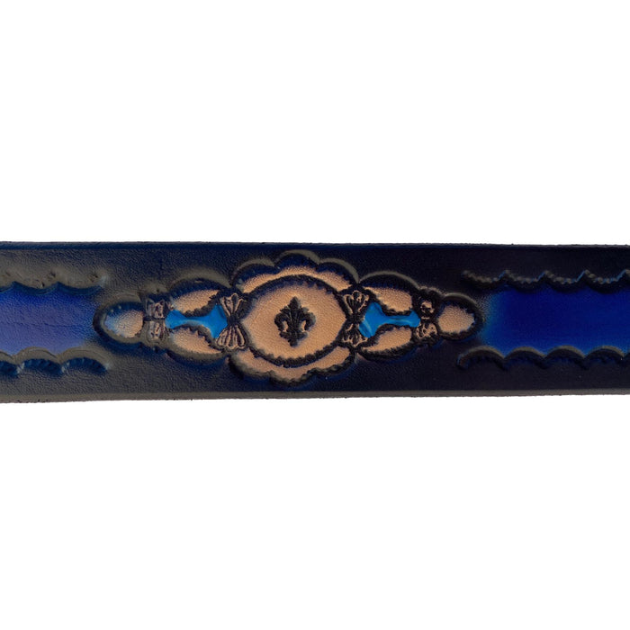 Blue & Black Southwest Design Deeply Embossed Dyed Leather Belt - 42" to 54"