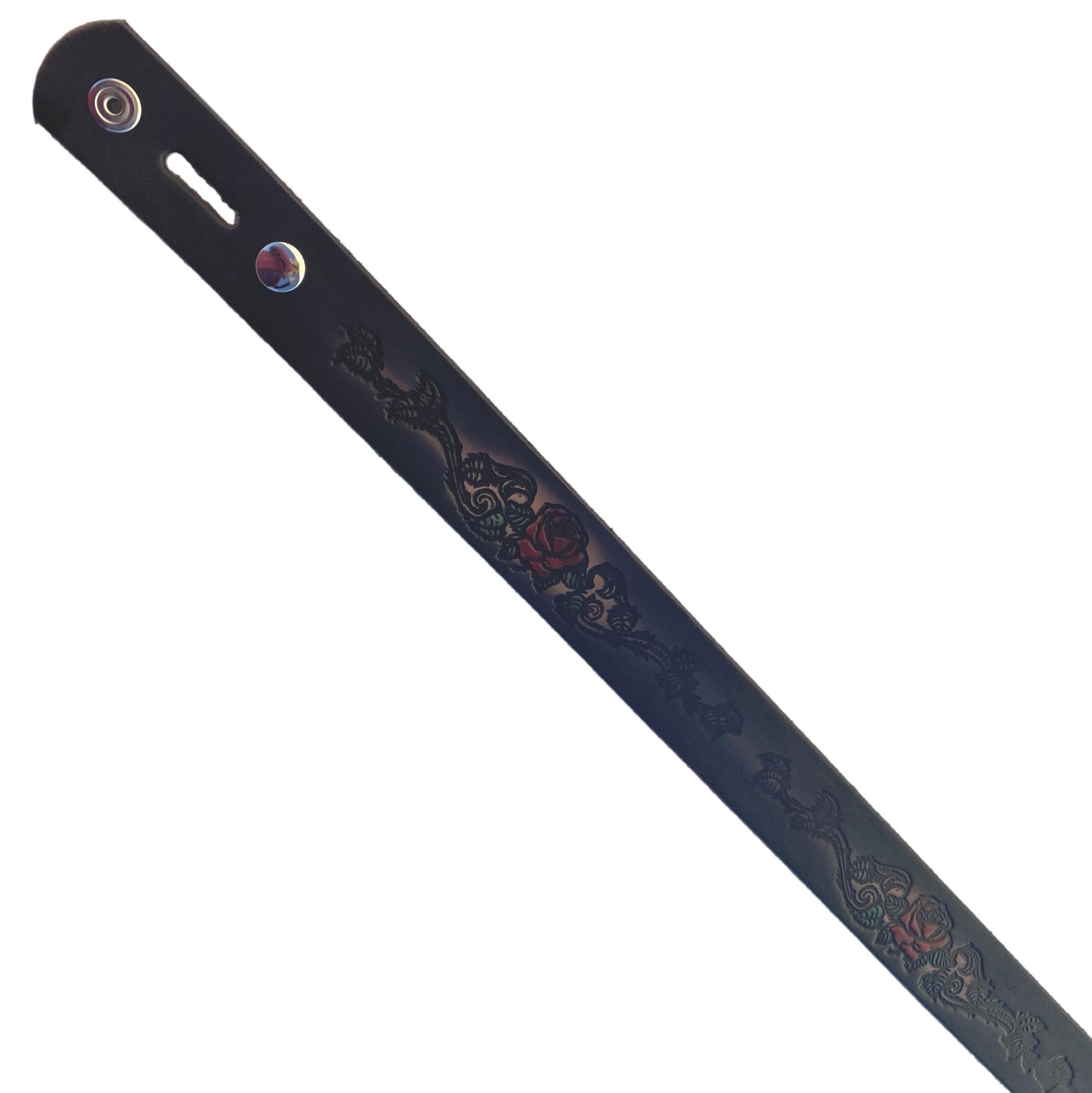 Red Rose Rider Themed Deeply Embossed Dyed Leather Belt - 42