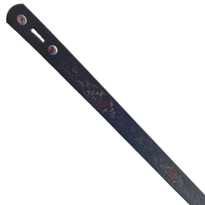 Red Rose Rider Themed Deeply Embossed Dyed Leather Belt - 42" to 54"