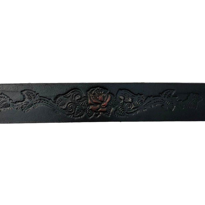 Red Rose Rider Themed Deeply Embossed Dyed Leather Belt - 42" to 54"