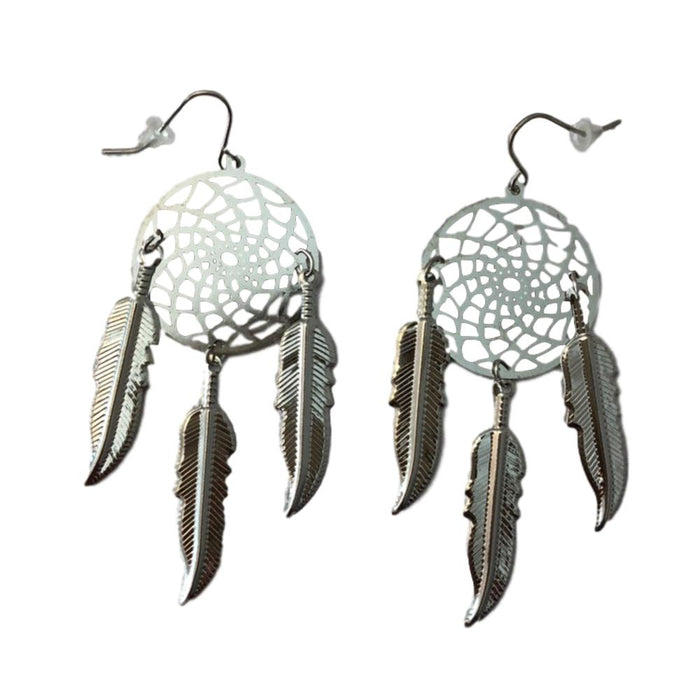 Medium Dream Catcher Feather Silver Dangle Earrings - Native Style Jewelry