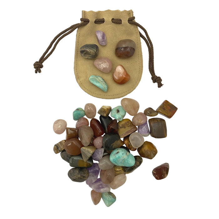 Assorted Tumblestone - Mixed Polished Stones - Leather Pouch with Tumbled Stones