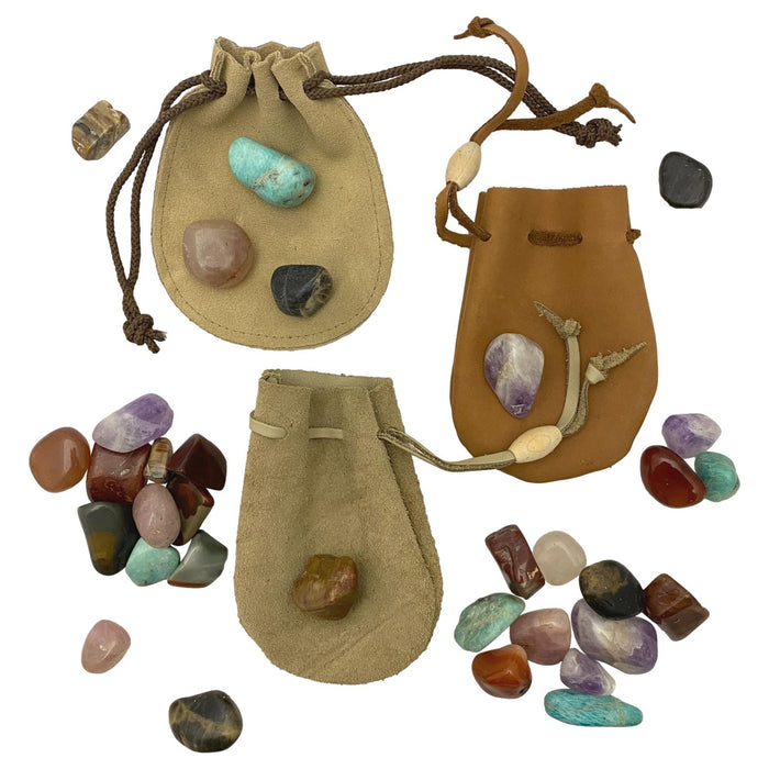 Assorted Tumblestone - Mixed Polished Stones - Leather Pouch with Tumbled Stones