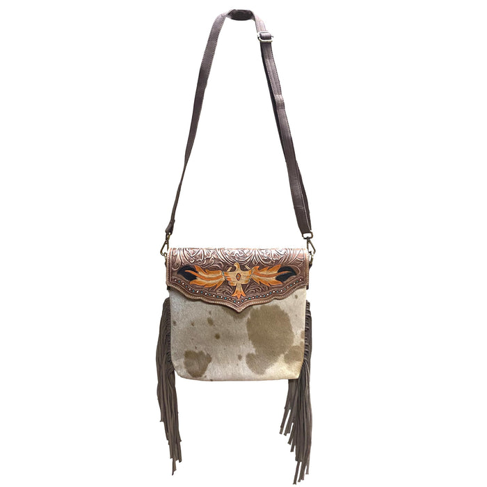 Phoenix Purse with Fringe Accent - Tooled Leather and Hair on Cowhide Bag